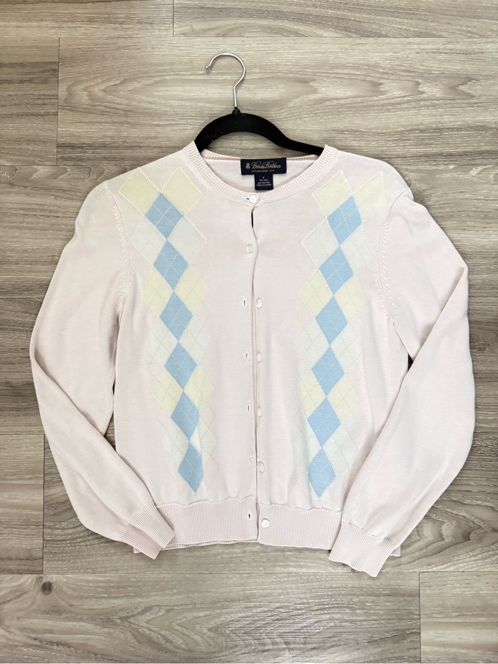 Brooks Brothers Silk Pale Pink Argyle Button Cardigan Sweater